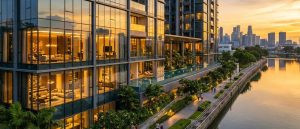 A luxurious riverfront condominium in District 9, Singapore at sunset with water reflections, modern architectural design, warm lighting, landscaped walking paths along the river, high-end interior glimpses through glass windows — high resolution, professional real estate photography aesthetic