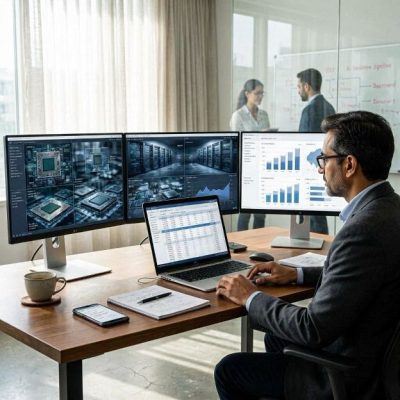modern financial analyst reviewing AI infrastructure stocks